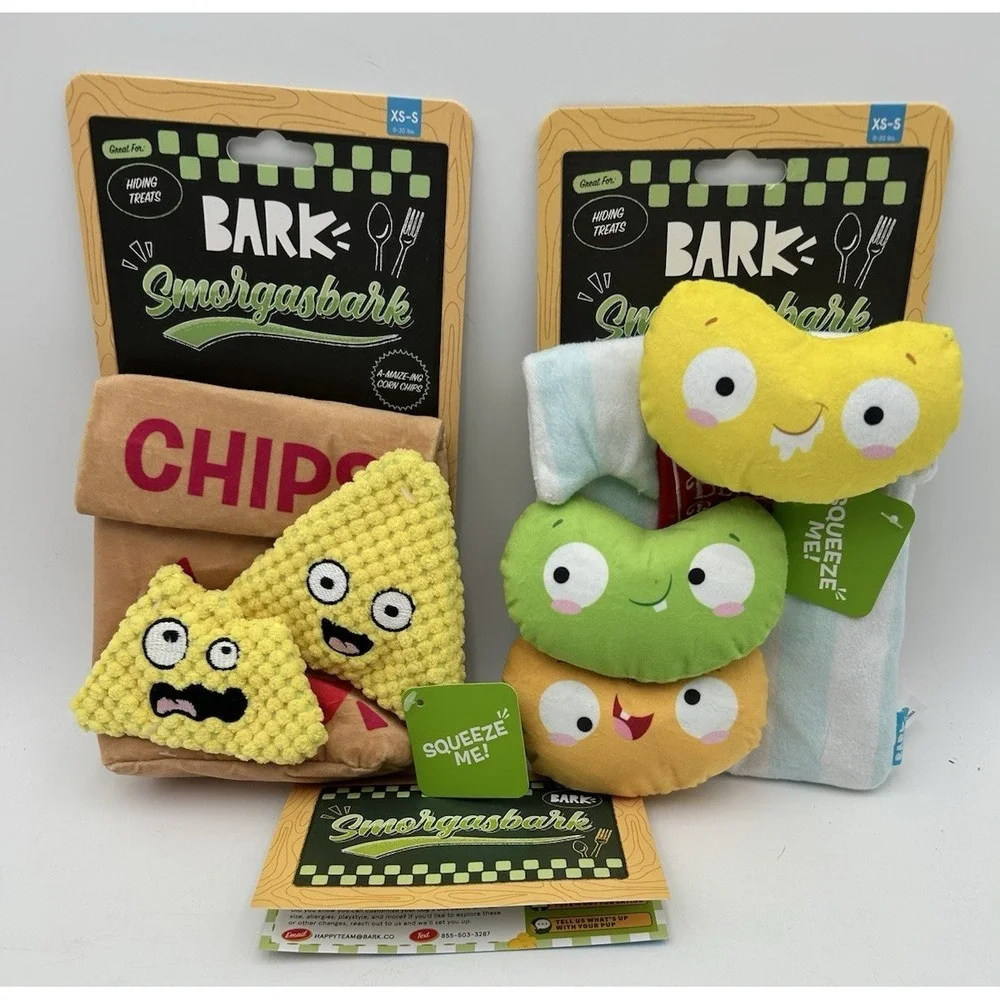 Bark Box Lot Of 2 Small Dog Toys Smorgasbark Chips and Belly Beans New